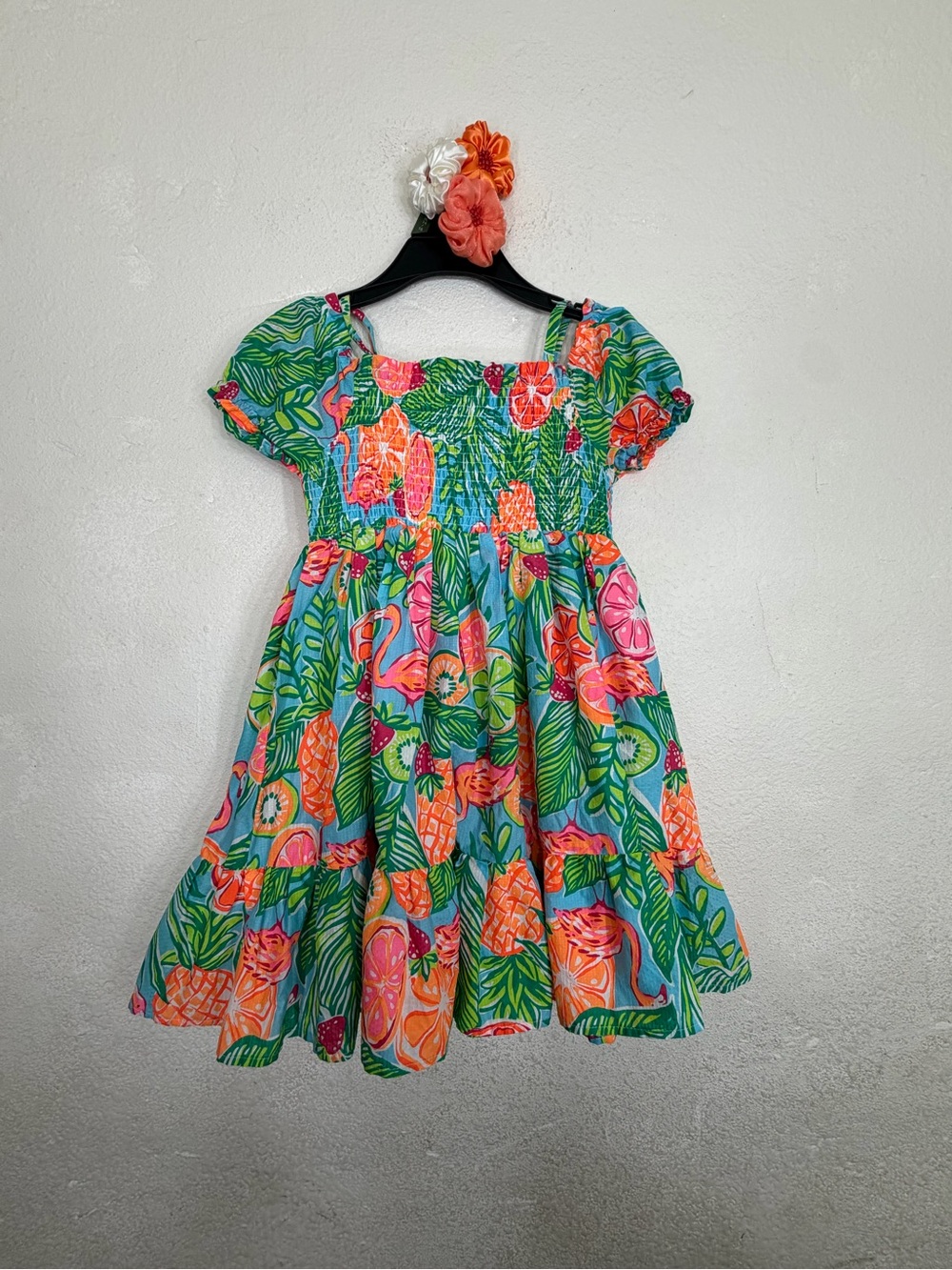 C&C California Kids Girls Tropical Flamingo Pineapple Smocked Tiered Dress